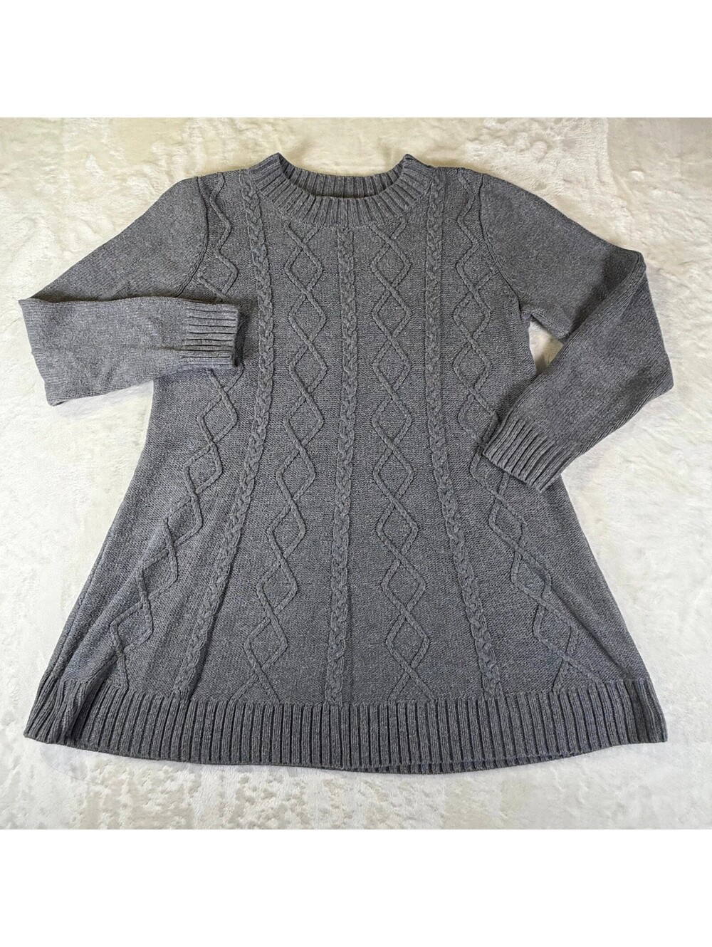 Susan Graver Womens M Gray Cable Knit Sweater Tunic Crew Neck